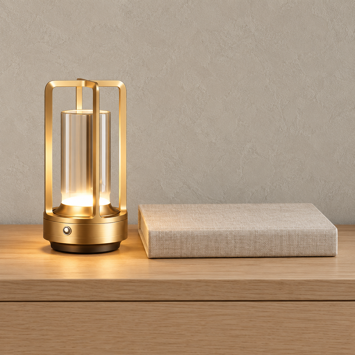 Marelto gold cordless table lamp glowing on a library console beside a plain book