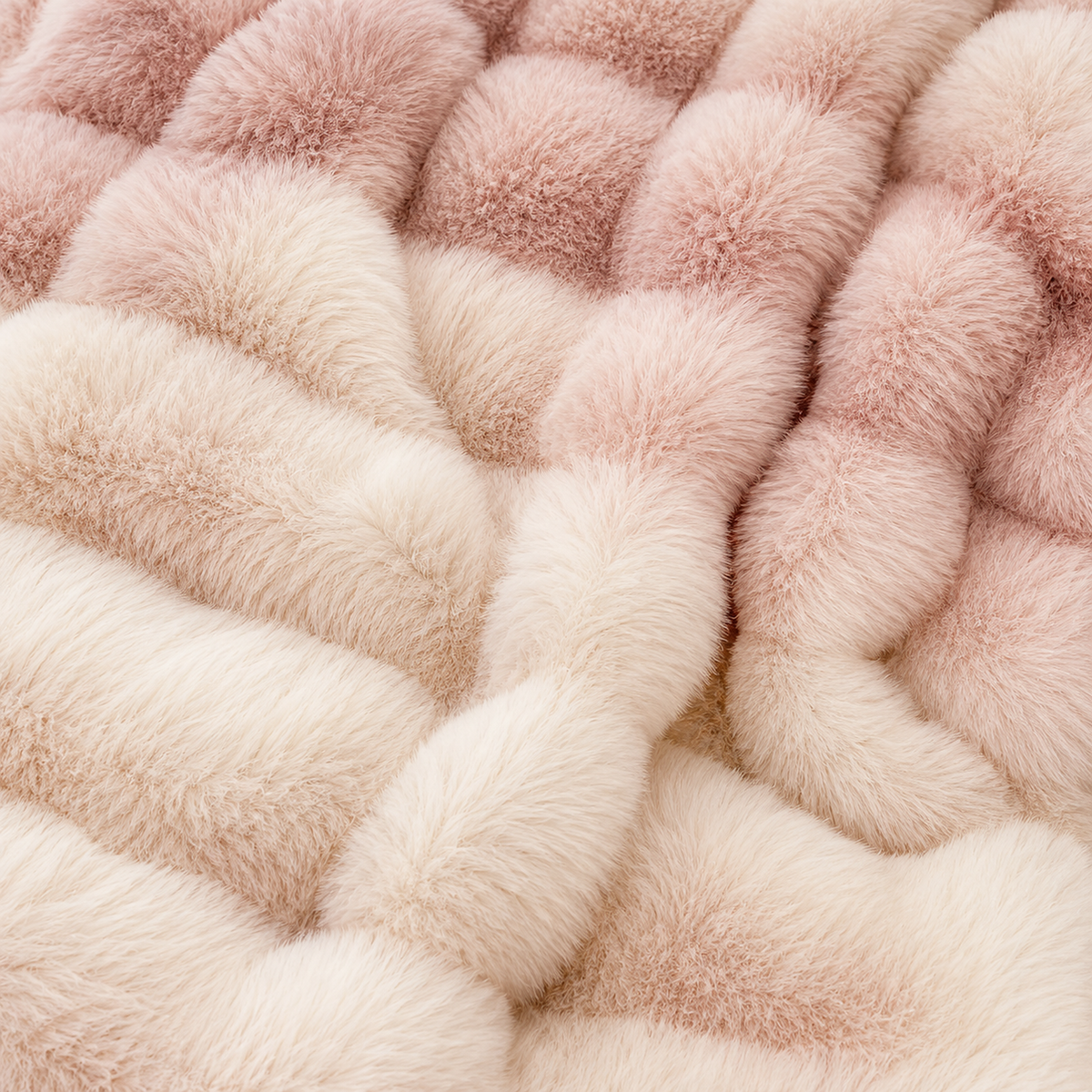 Marvisel pink cream chunky knit blanket close up showing raised faux fur ribs and rounded sections