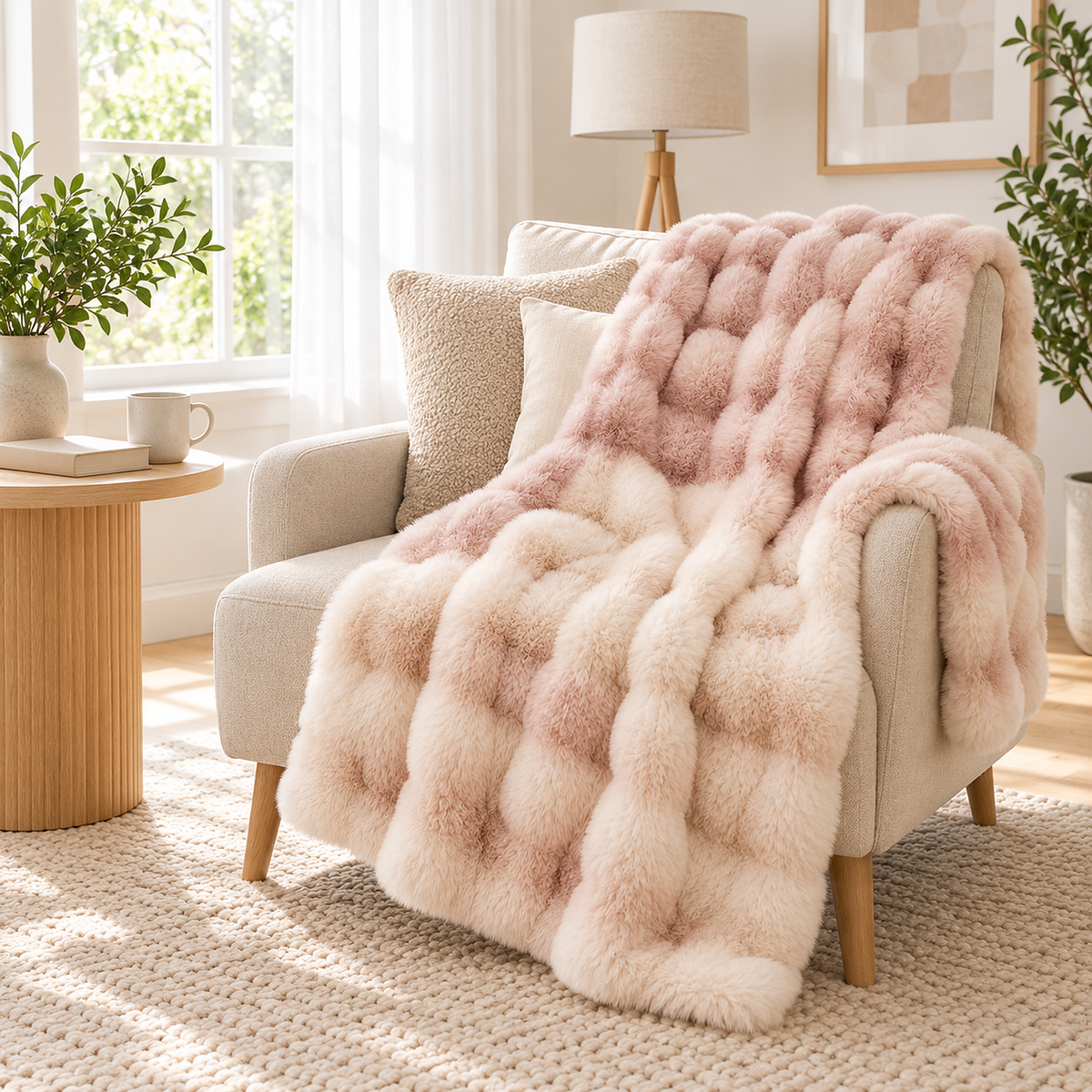Marvisel pink and cream chunky knit blanket with raised faux fur ribs draped over an ivory armchair