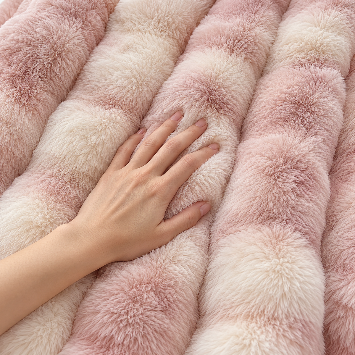 Marvisel pink cream faux fur throw blanket with ribbed texture, an adult hand gently pressing the pile