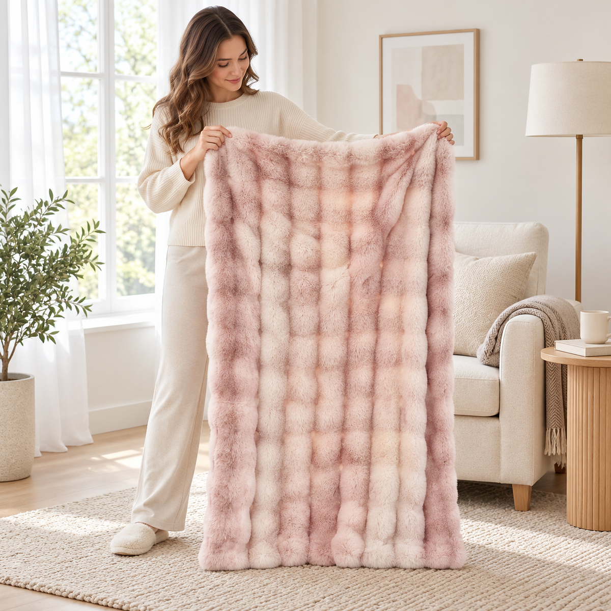 Marvisel pink cream knit throw blanket in a small size, held fully open by a standing adult in a reading nook