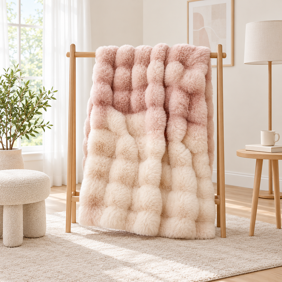 Marvisel pink cream knit throw blanket opened out and hanging over a rail in an upstairs sitting room
