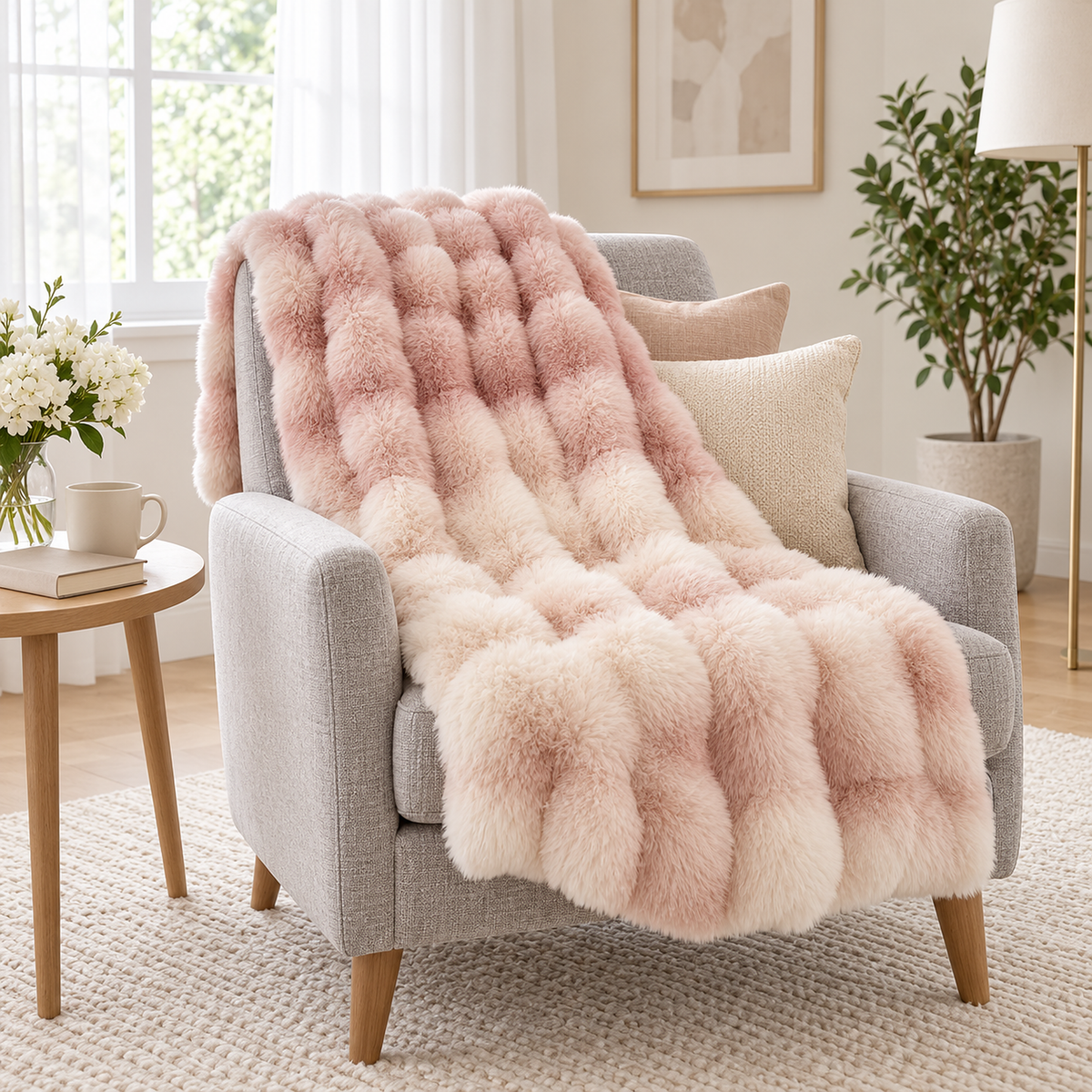 Marvisel pink cream knit throw blanket with a ribbed texture draped open over a pale armchair in a sunroom