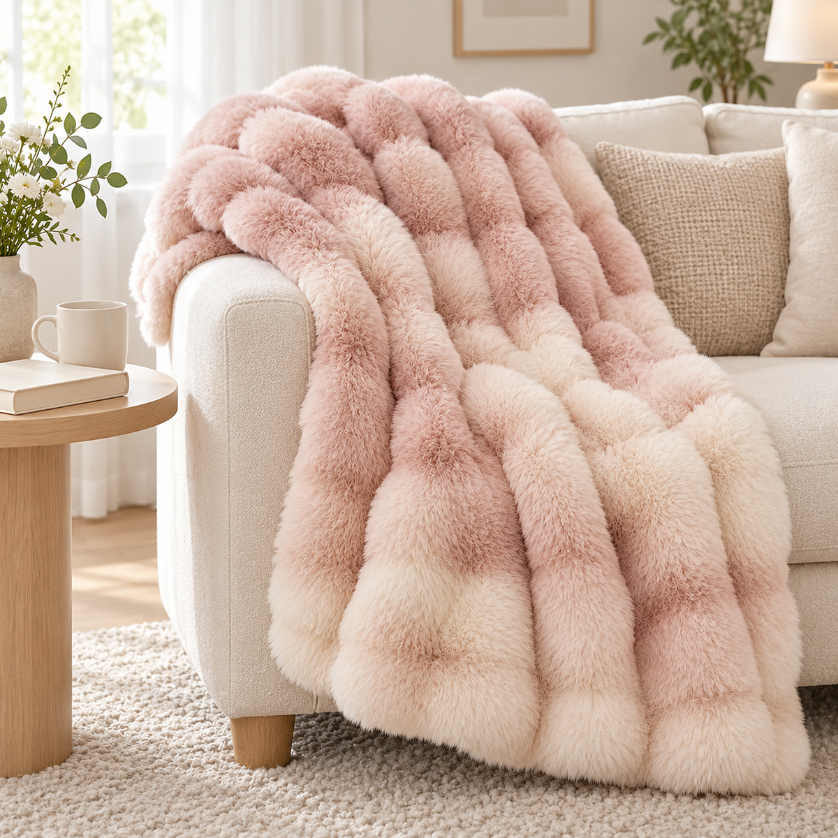Marvisel pink cream throw blanket for couch folded over the arm of an ivory loveseat in a bright sitting room