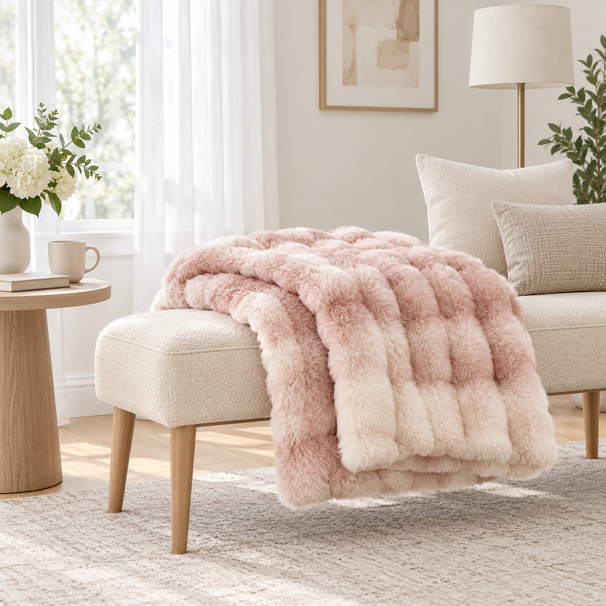Marvisel pink cream throw blanket loosely folded in layers, seen at cushion height in a bright bedroom alcove