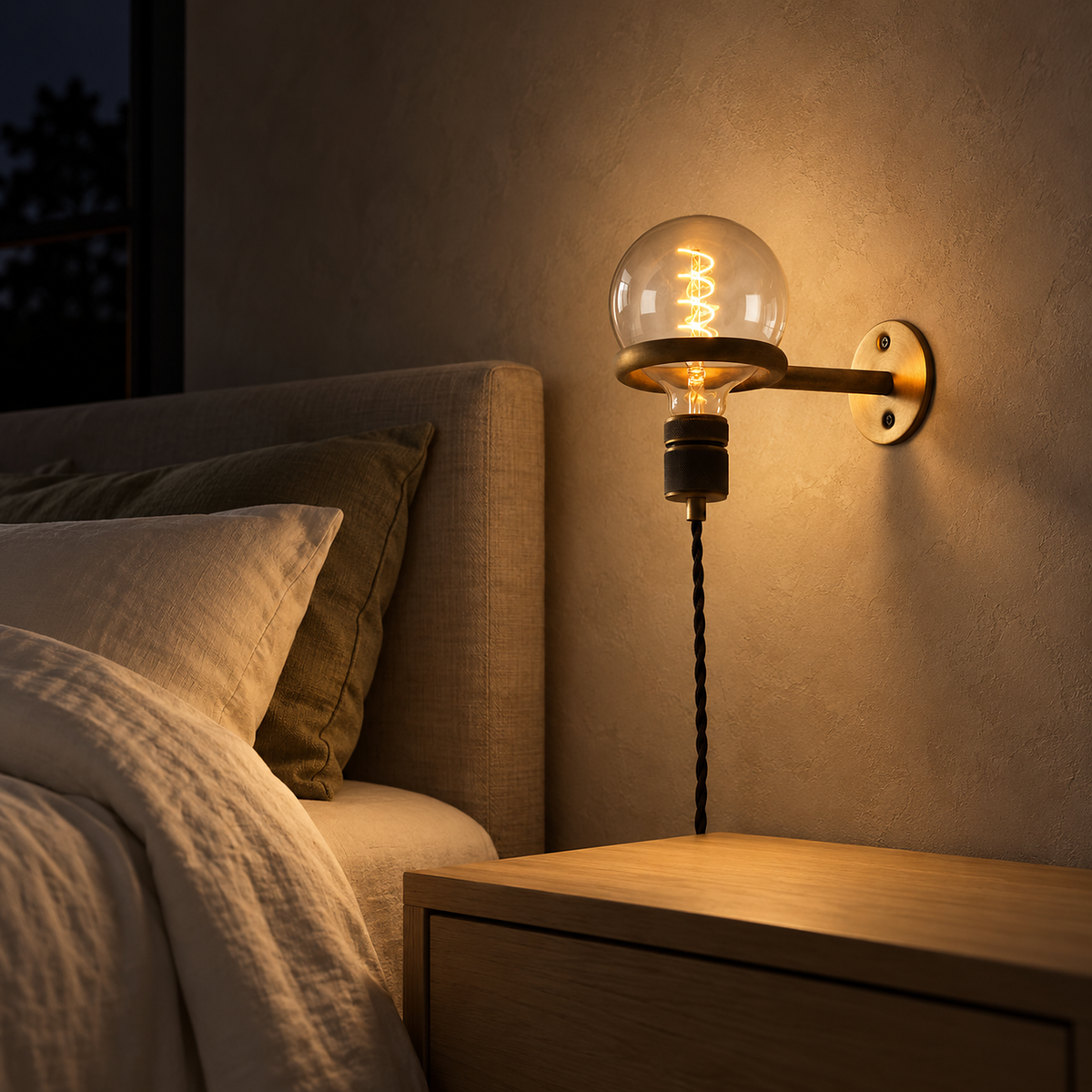 Masirel brown cable bedside wall light glowing over a nightstand and ivory bedding