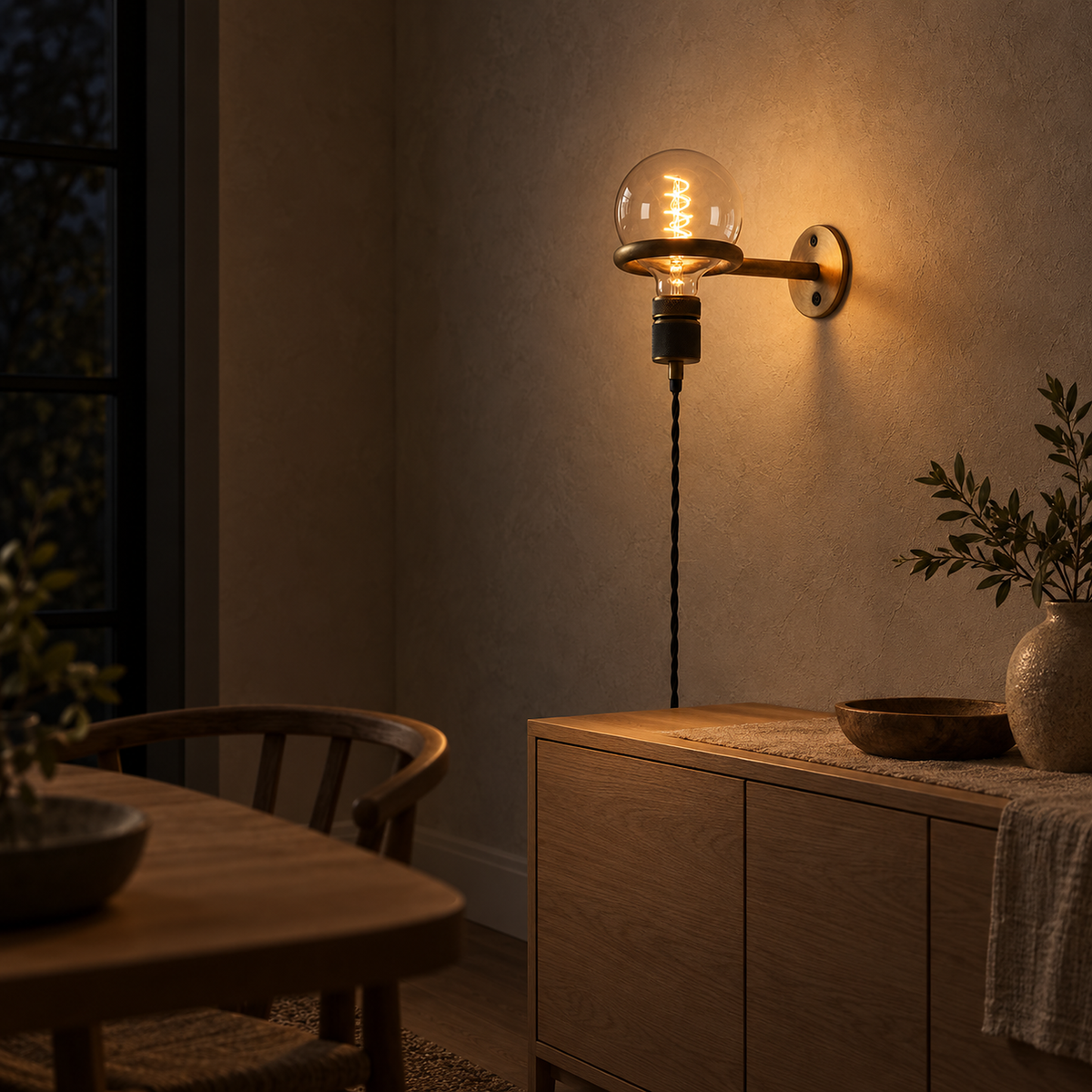 Masirel brown cable wall lamp glowing above a dining room sideboard at night