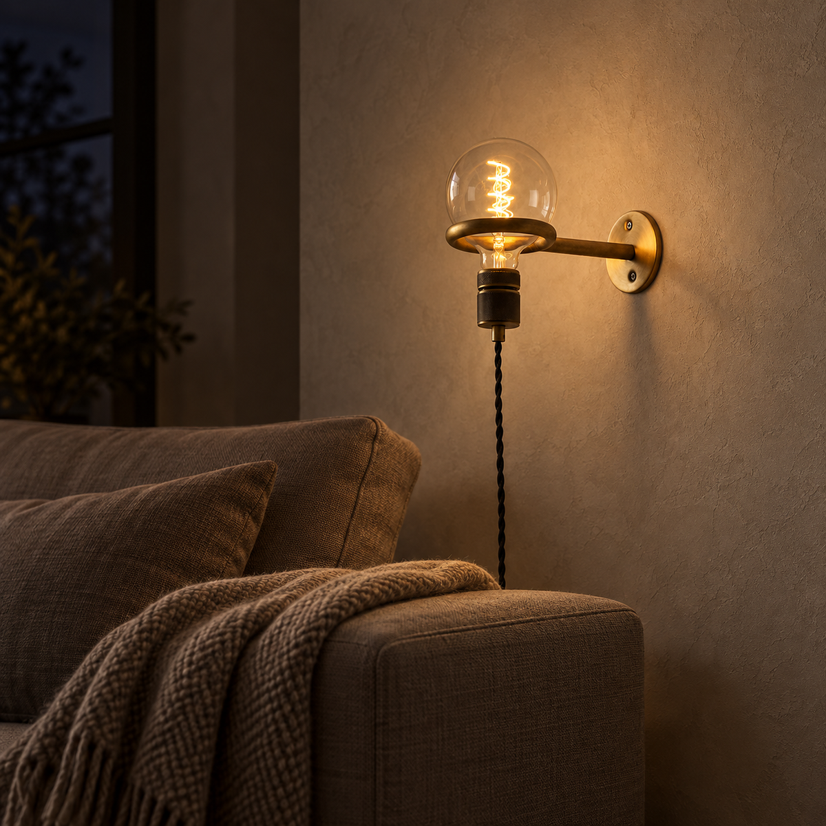 Masirel brown cable wall lamp lighting a seating corner in a compact sitting snug at night