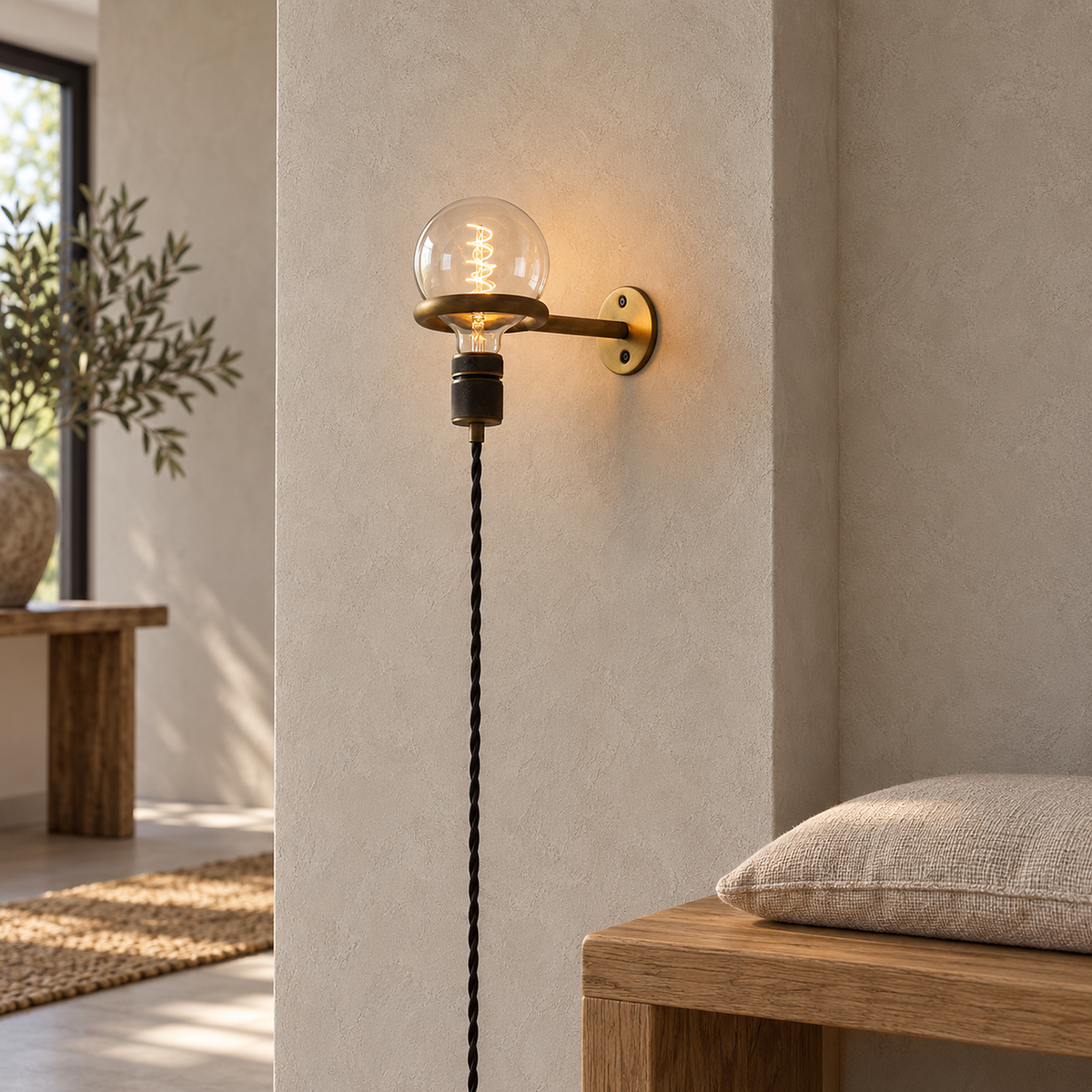 Masirel brown cable wall light glowing on a narrow plaster pier in an entry vestibule