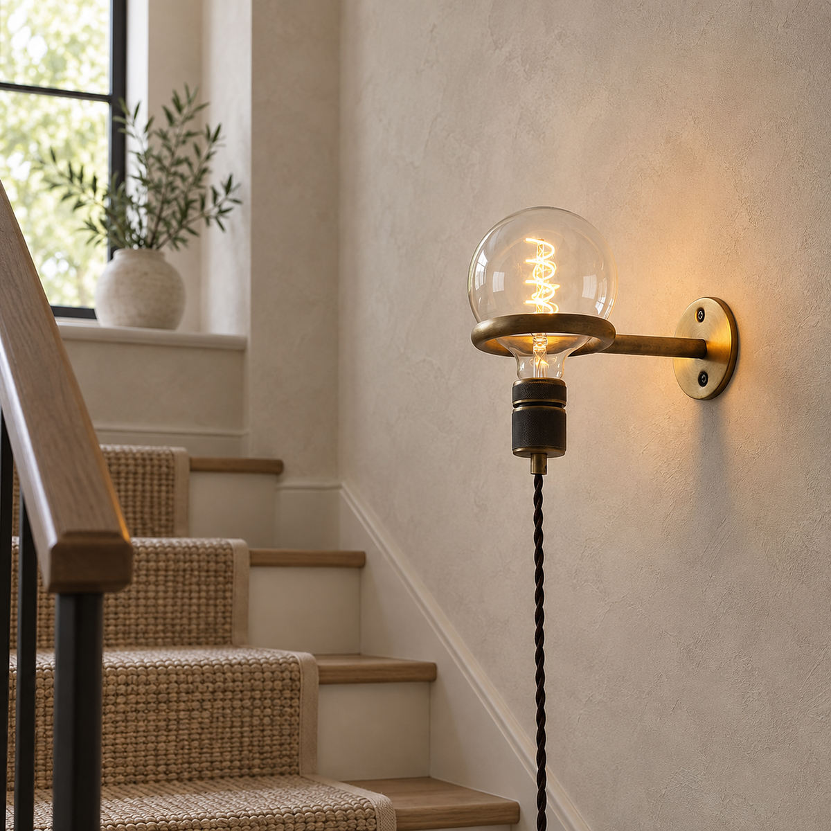 Masirel brown cable wall light lit on a stair landing showing its plate and projecting arm