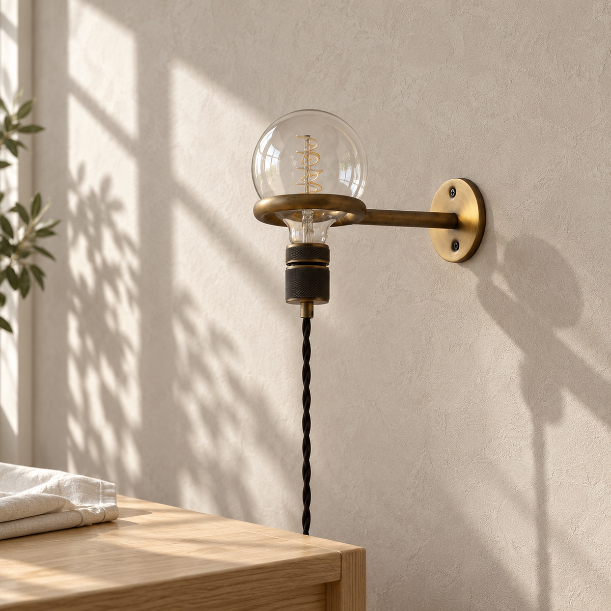 Masirel brown cable wall sconce unlit above a desk in a daylit study with plaster walls