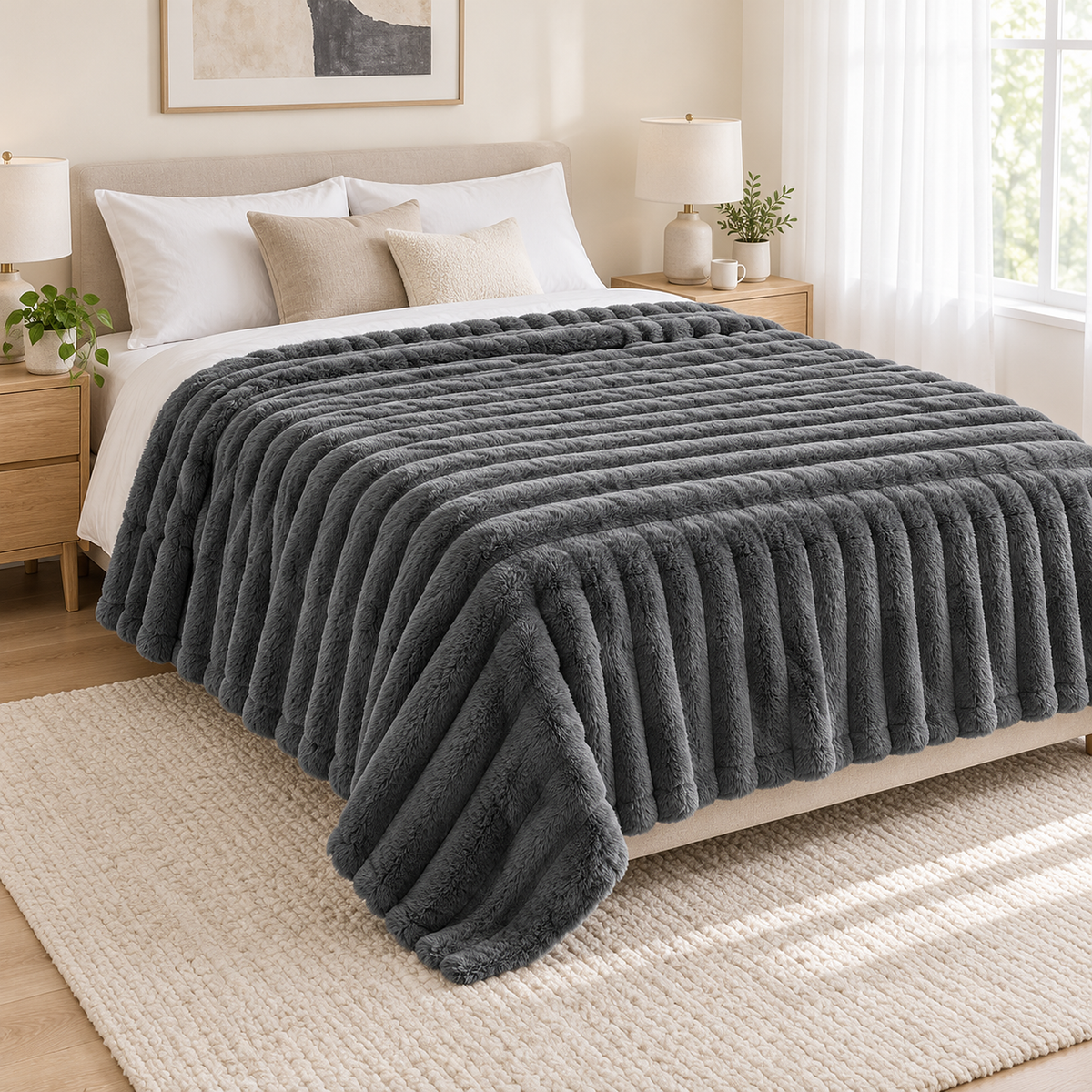 Mavilore dark gray fleece throw blanket draped across a white queen bed with a light gray headboard #color_dark gray