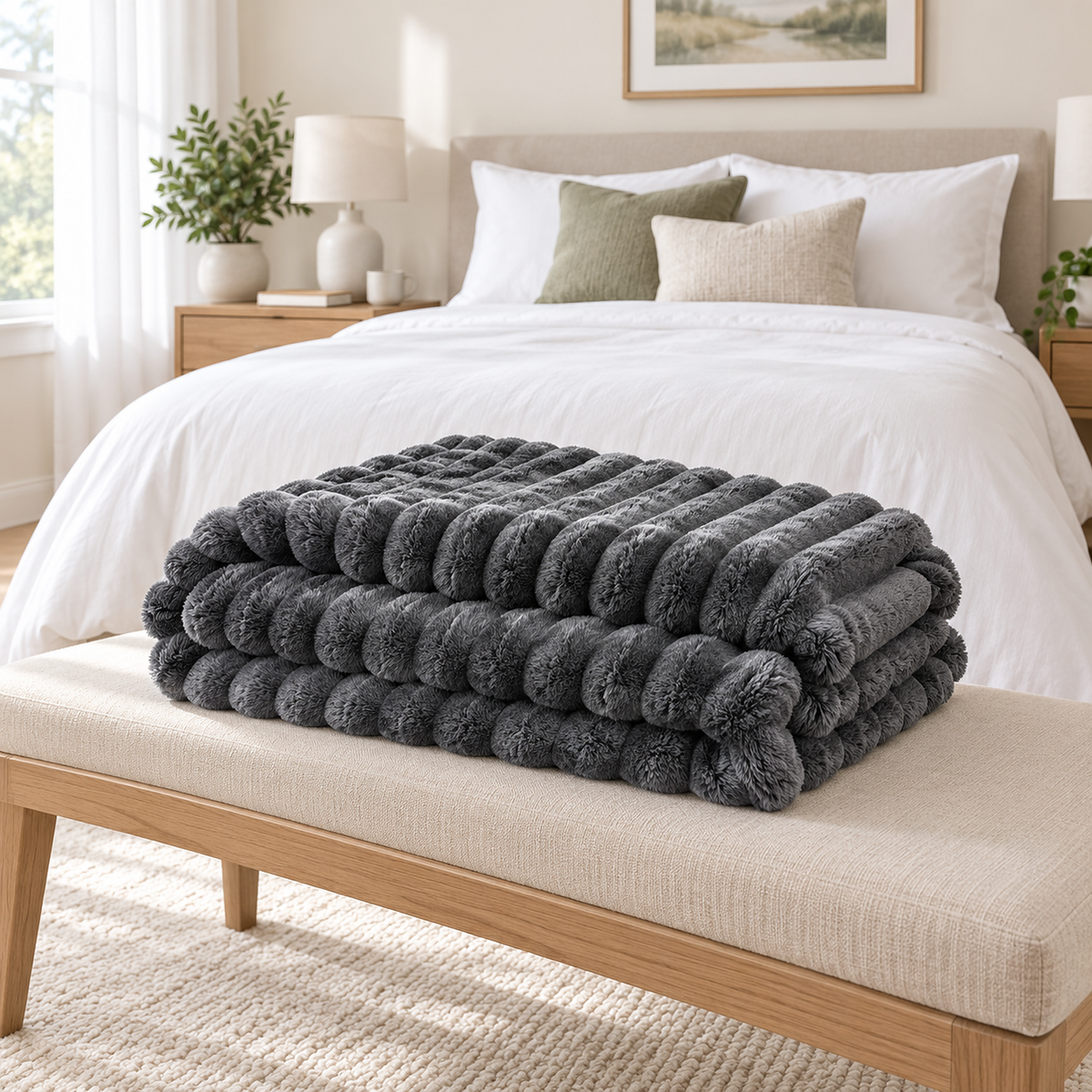 Mavilore dark gray soft throw blanket loosely folded on a bench in a light gray bedroom #color_dark gray
