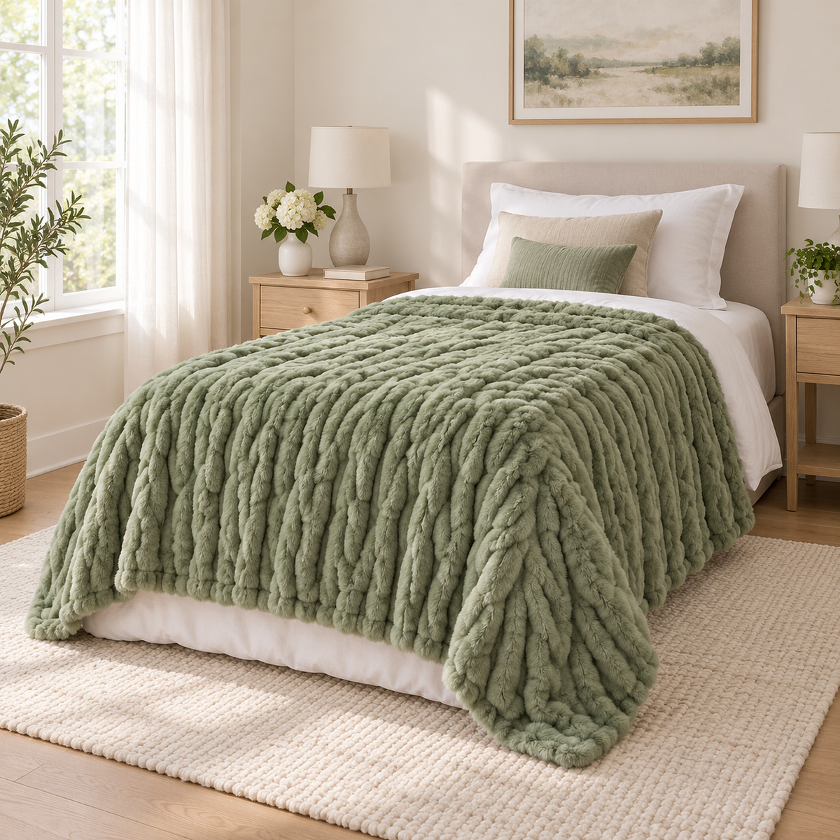 Mavilore matcha green fleece throw blanket spread across white bedding on a twin bed #color_matcha green