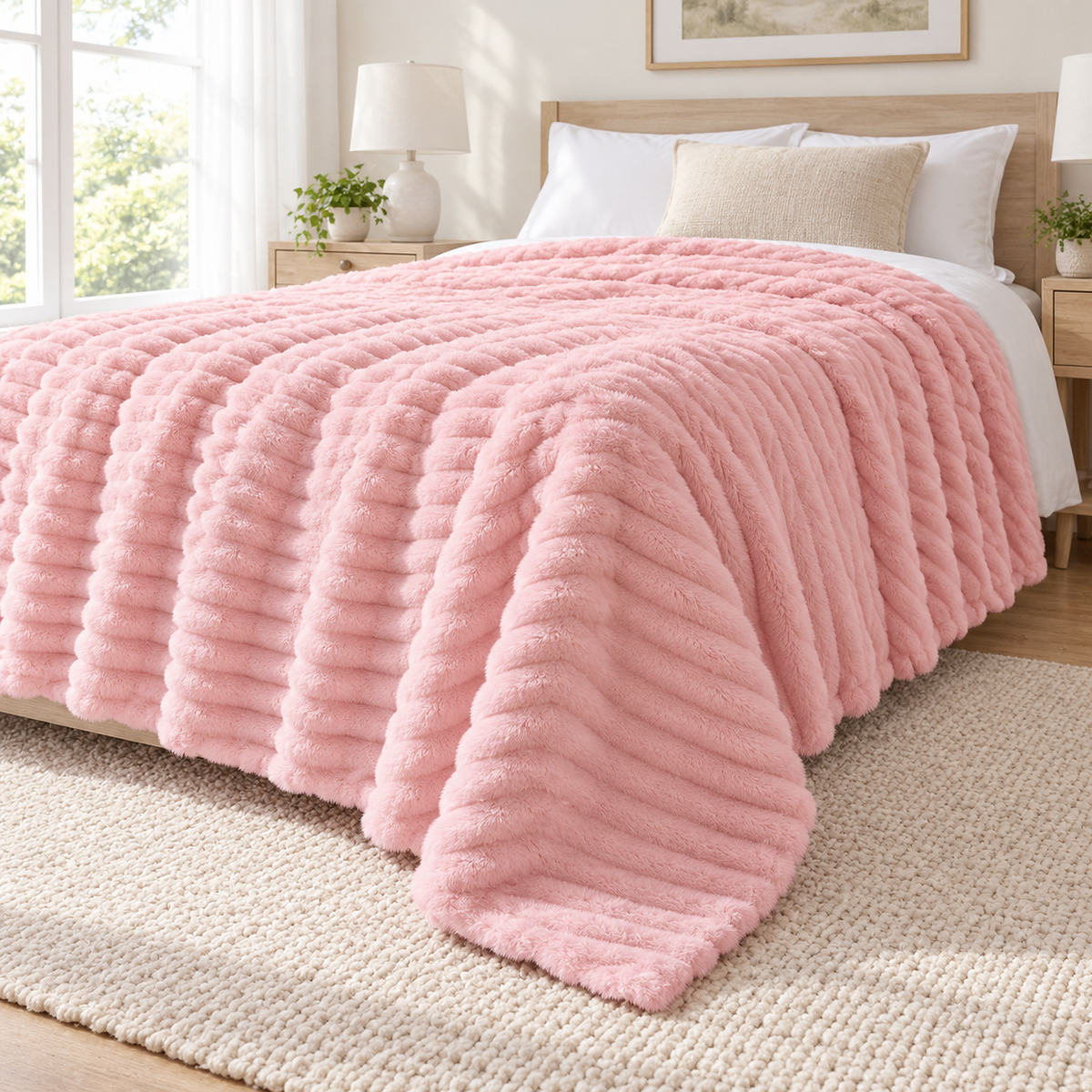 Mavilore pink coral fleece blanket corner draped over a twin bed, showing its fuzzy edge