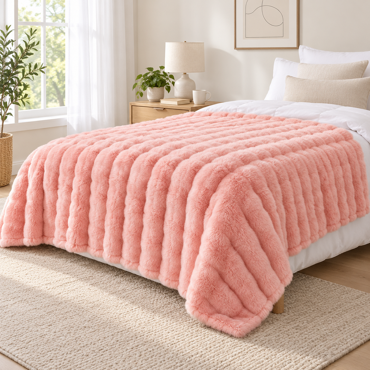 Mavilore pink coral fleece blanket hanging off the side of a twin bed to show its thickness