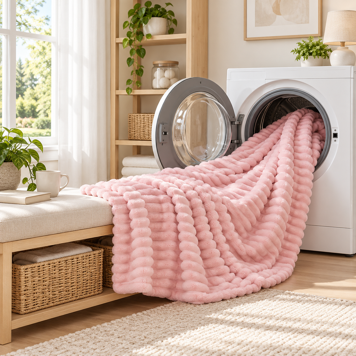 Mavilore pink coral fleece blanket in a bright laundry room, ready for the home washing machine