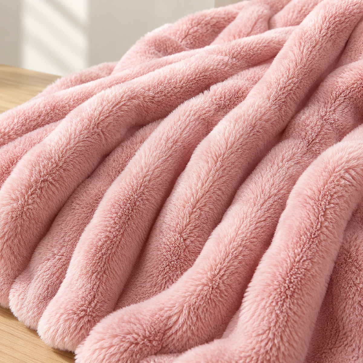 Mavilore pink fleece throw blanket up close, showing fuzzy ribs and recessed channels