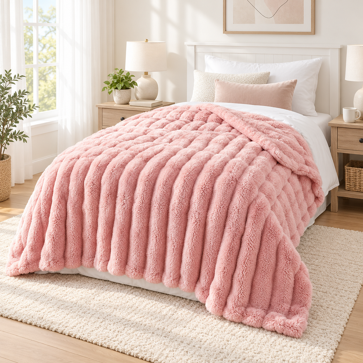 Mavilore pink plush throw blanket with an upper corner turned down on a made twin bed