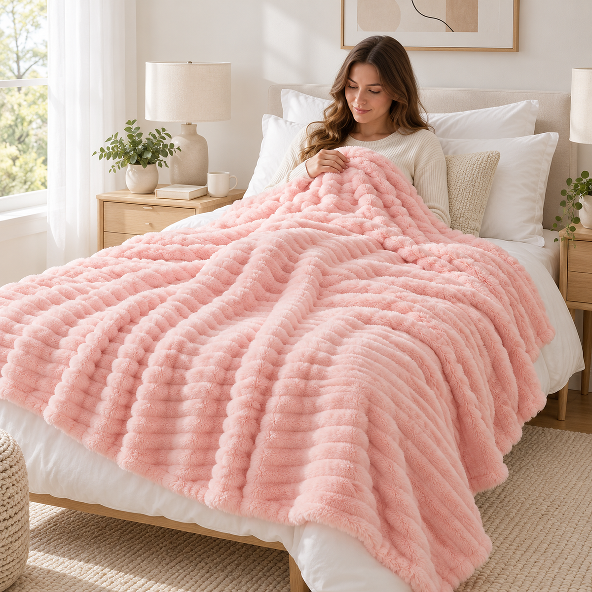 Mavilore pink soft throw blanket covering an adult resting in a twin bed with an ivory headboard