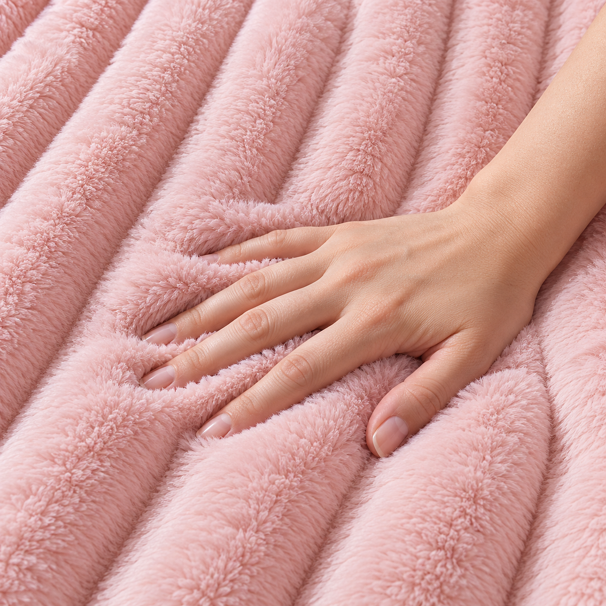 Mavilore pink soft throw blanket gently pressed by an adult hand across the fuzzy ribs