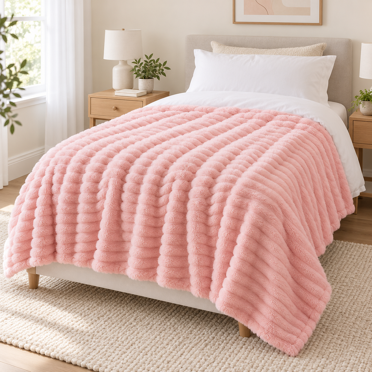 Mavilore pink throw blanket spread smoothly over a made twin bed with an ivory upholstered headboard