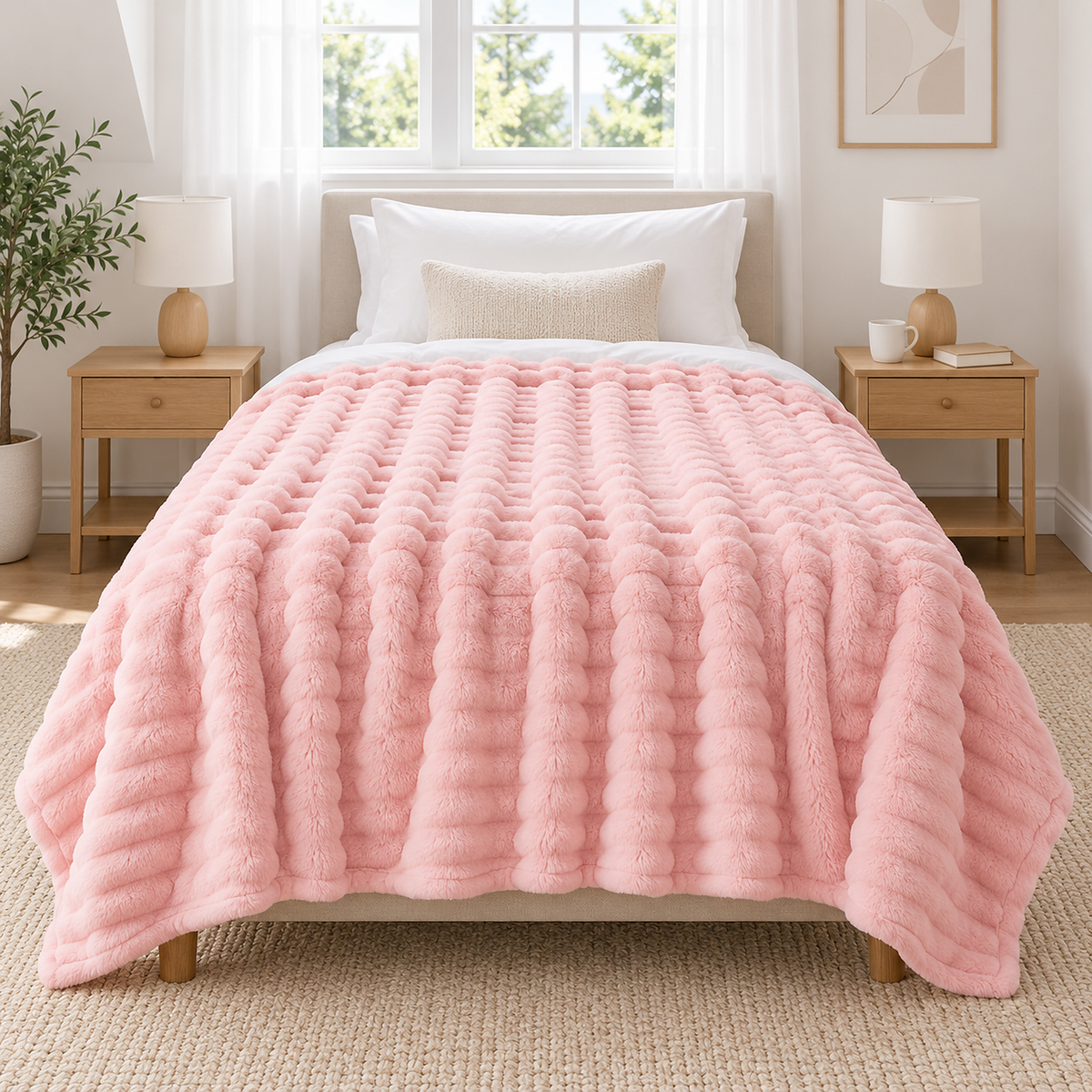 Mavilore pink throw blanket with even drops on both sides of a twin mattress in an attic bedroom