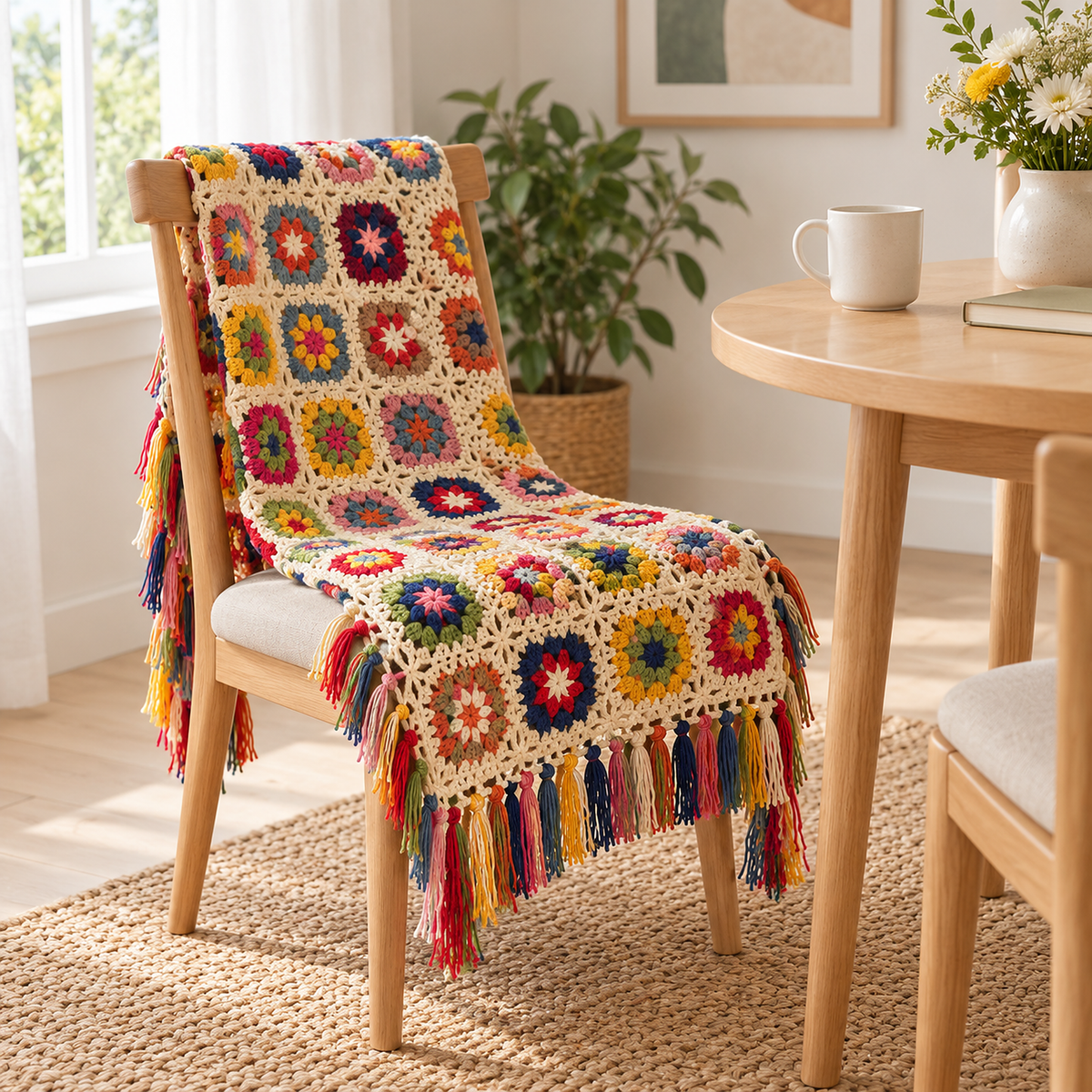 Mavoreli multicolored and cream crochet throw blanket draped across a wooden chair in a breakfast nook