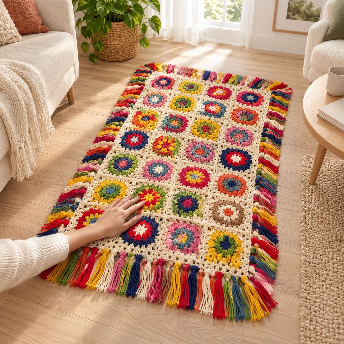 Mavoreli multicolored and cream throw blanket with crochet daisy patchwork beneath a resting hand