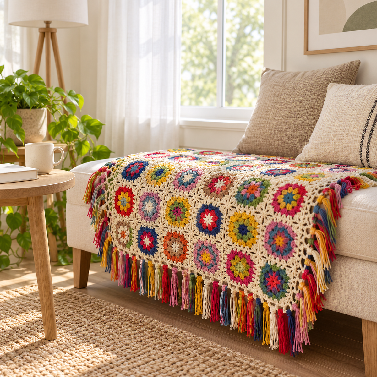 Mavoreli multicolored and cream throw blanket showing its handmade crochet daisy motifs on a bench