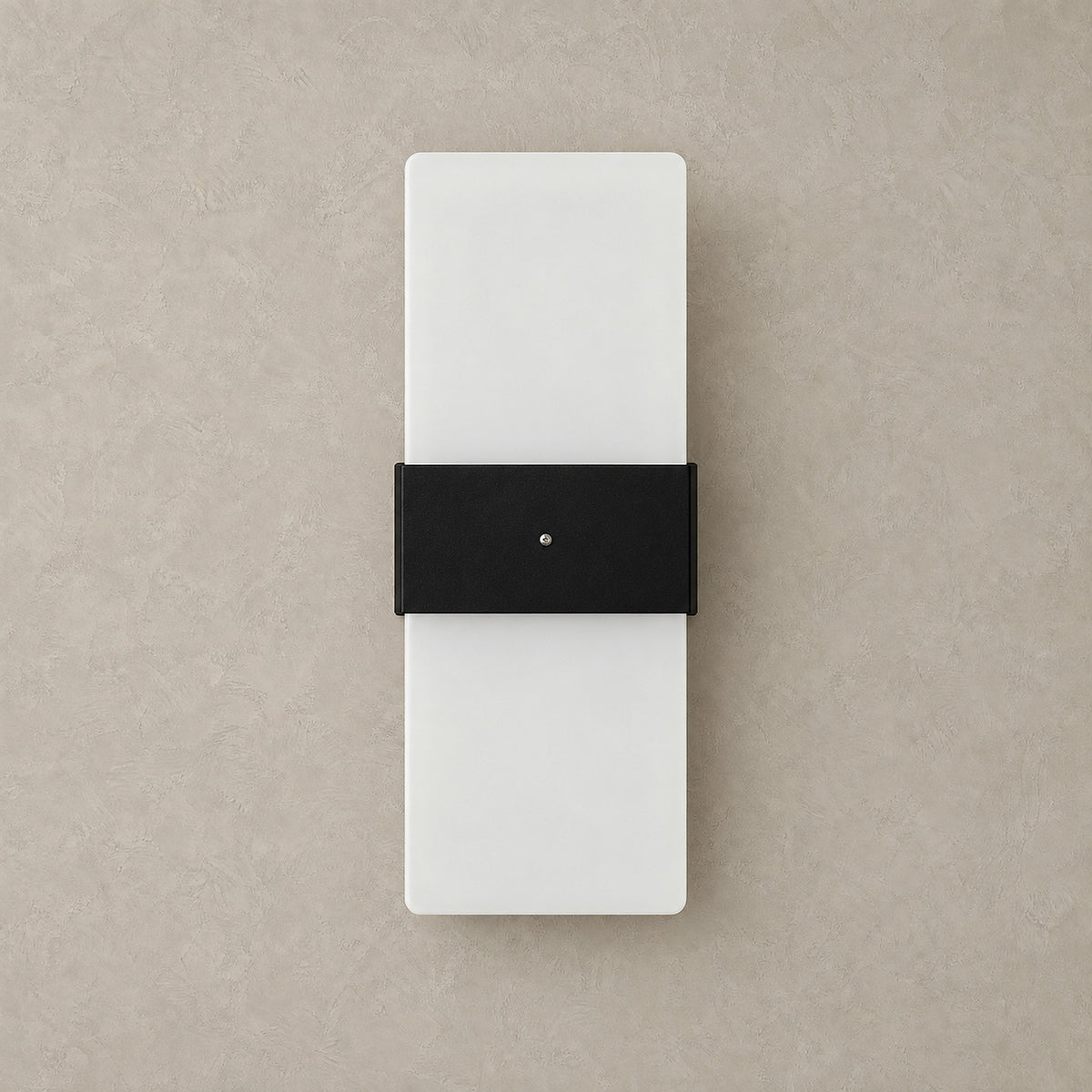 Melavor black rechargeable wall sconce with an unlit rectangular panel shown against greige plaster