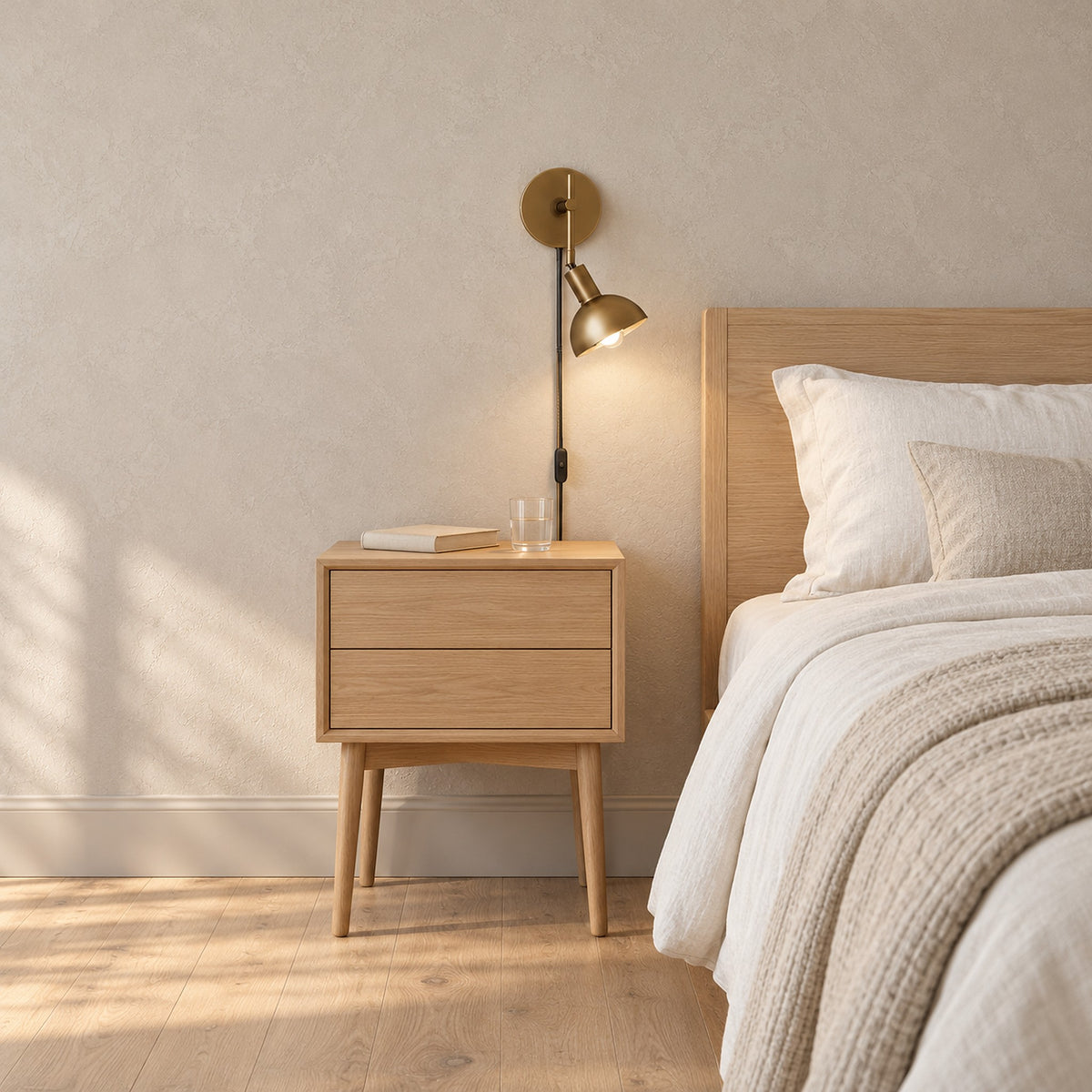 Melcasi vintaged brass bedside wall light mounted by the bed, leaving the nightstand free for essentials