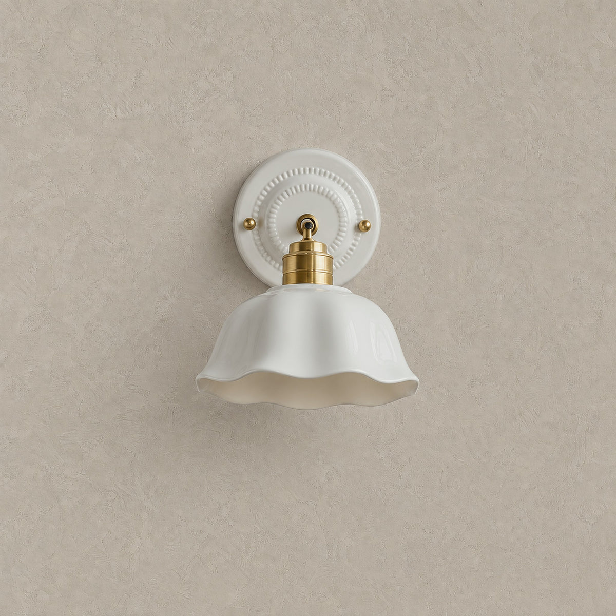Melorvi white plug in wall sconce with gold colored arm and unlit glossy ceramic shade