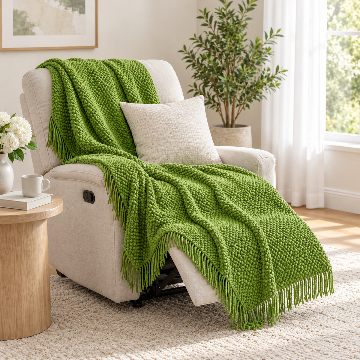 Melsavo grass green soft throw blanket arranged over a recliner in a sunroom for an afternoon nap