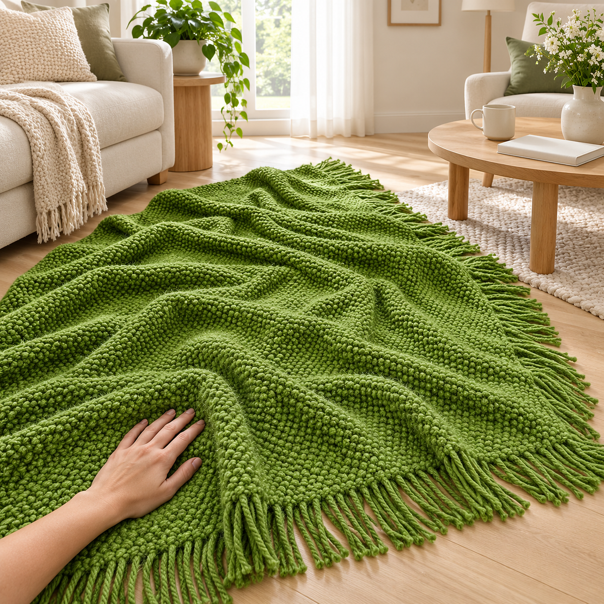 Melsavo grass green soft throw blanket under a hand pressing into its pineapple plaid knit