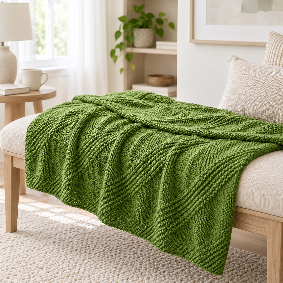Melsavo grass green soft throw blanket with a shallow fold showing its thickness on an ivory bench
