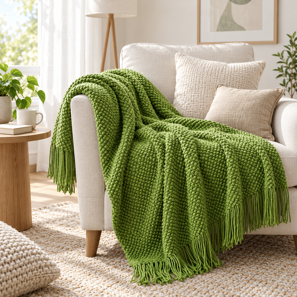 Melsavo grass green throw blanket for couch draped over an armchair in a bright reading corner
