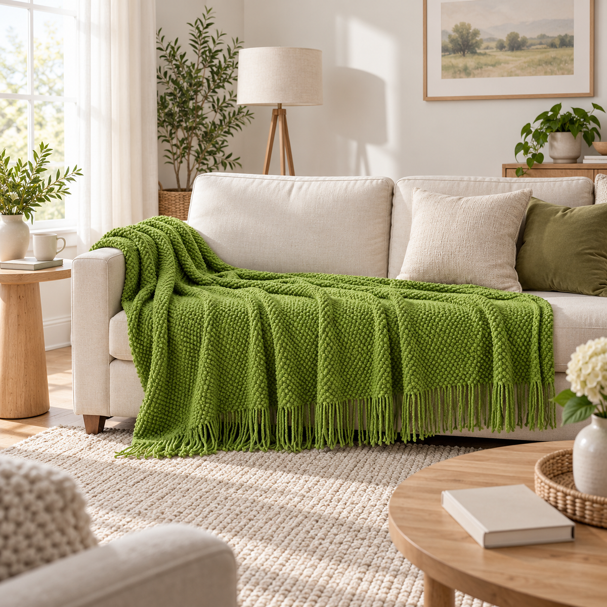 Melsavo grass green throw blanket for couch opened across a three seat sofa, ready to pull over your lap