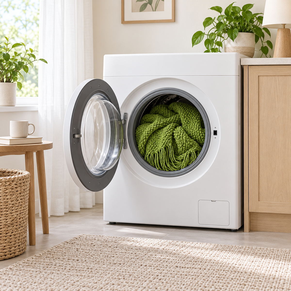 Melsavo grass green throw blanket on its own in a washer, ready to wash separately on a gentle cycle