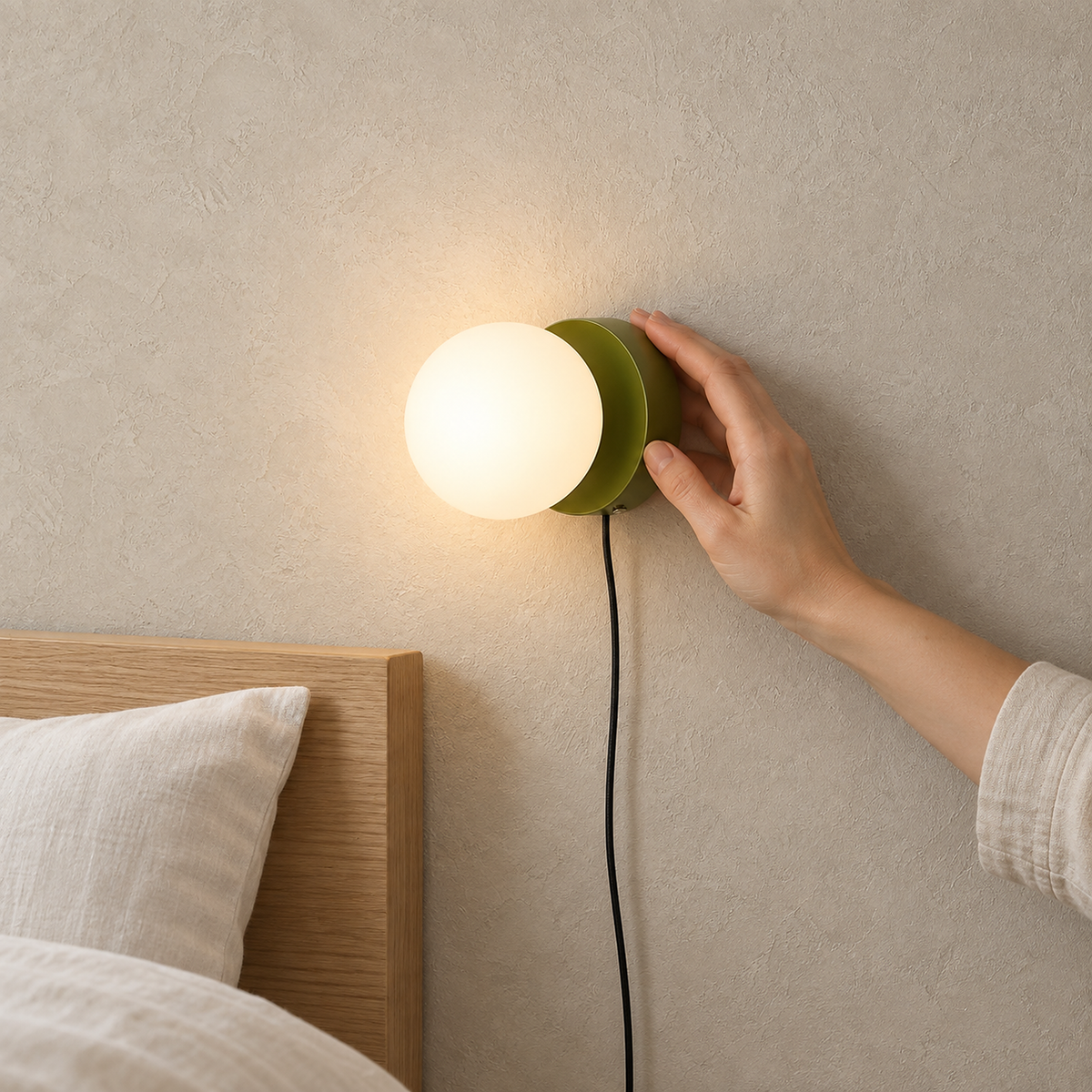 Memilora green bedside wall light glowing on plain plaster with its cord running down