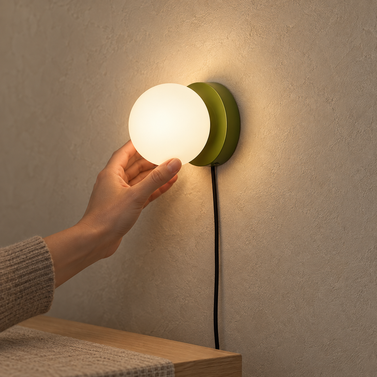 Memilora green plug in wall lamp projecting from a bare hallway wall, small and round
