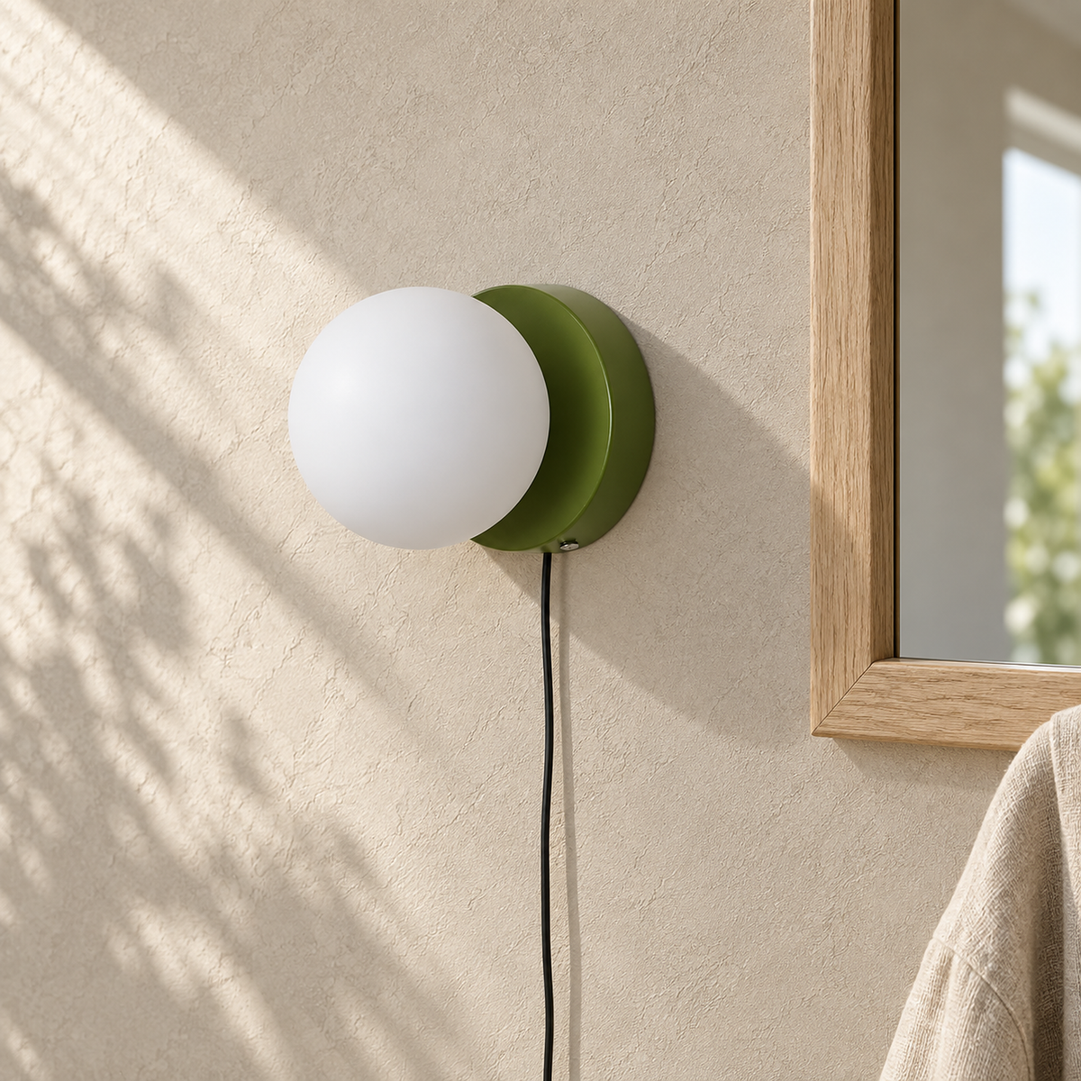 Memilora green plug in wall lamp unlit beside a dressing room mirror
