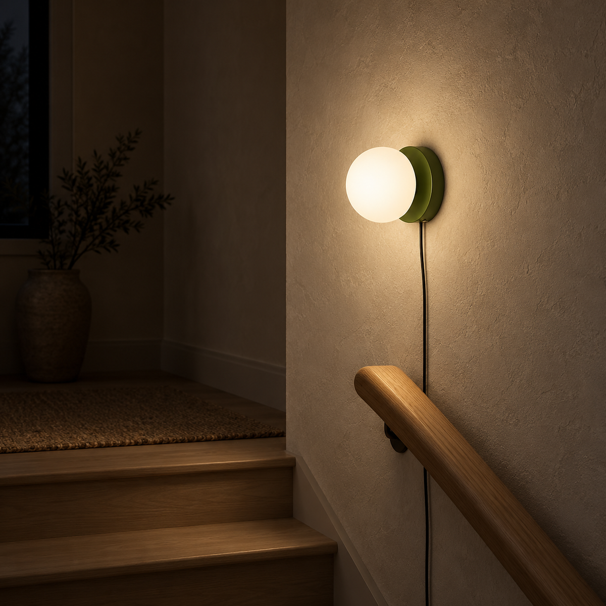 Memilora green wall lamp warming a stair landing after dark with a warm white glow