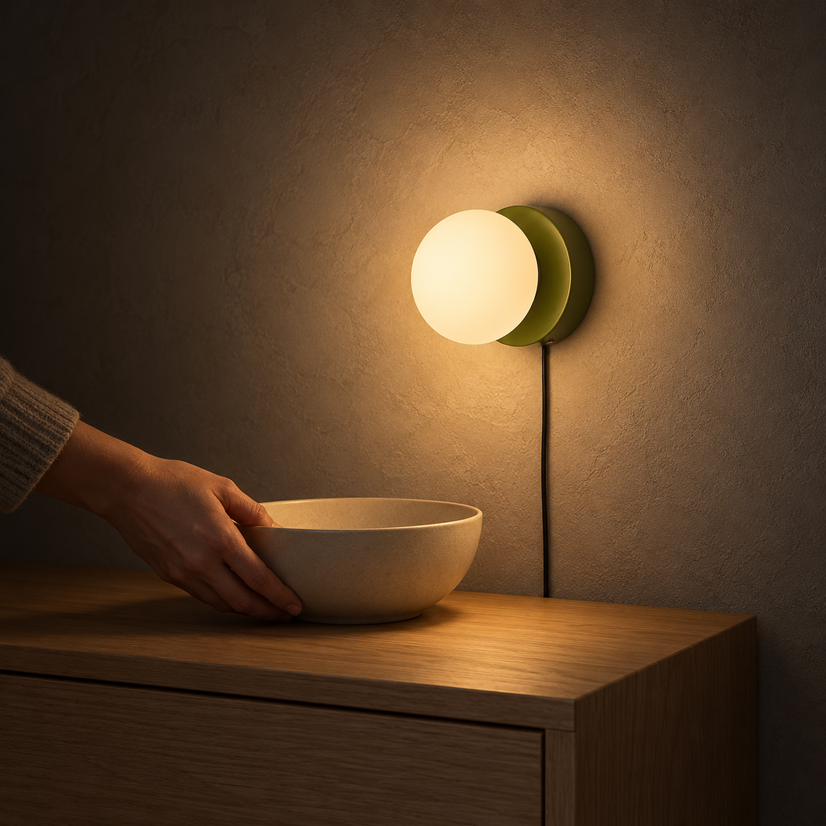 Memilora green wall light casting a warm glow as a hand places a bowl on a sideboard