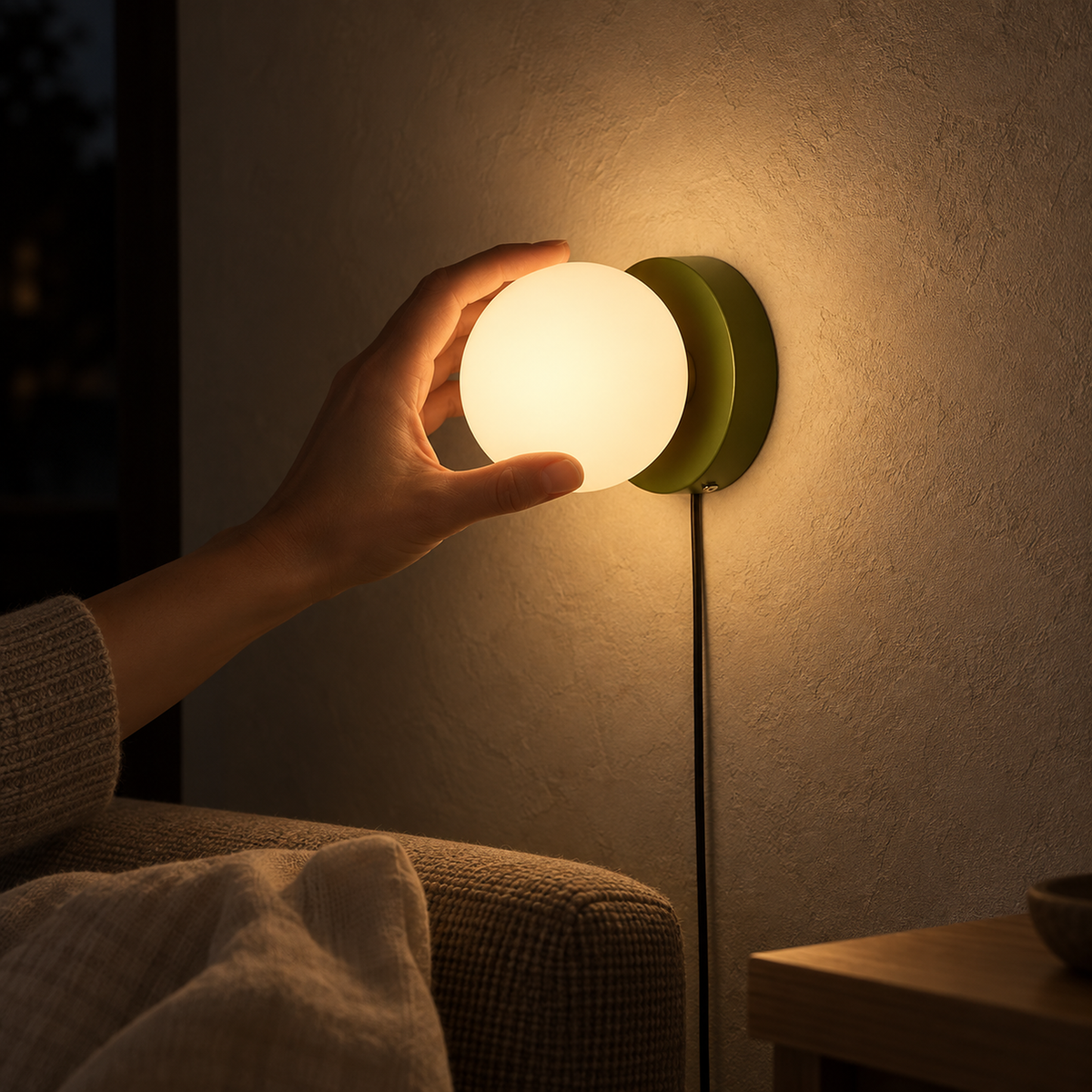 Memilora green wall light warming bare living room plaster after dark