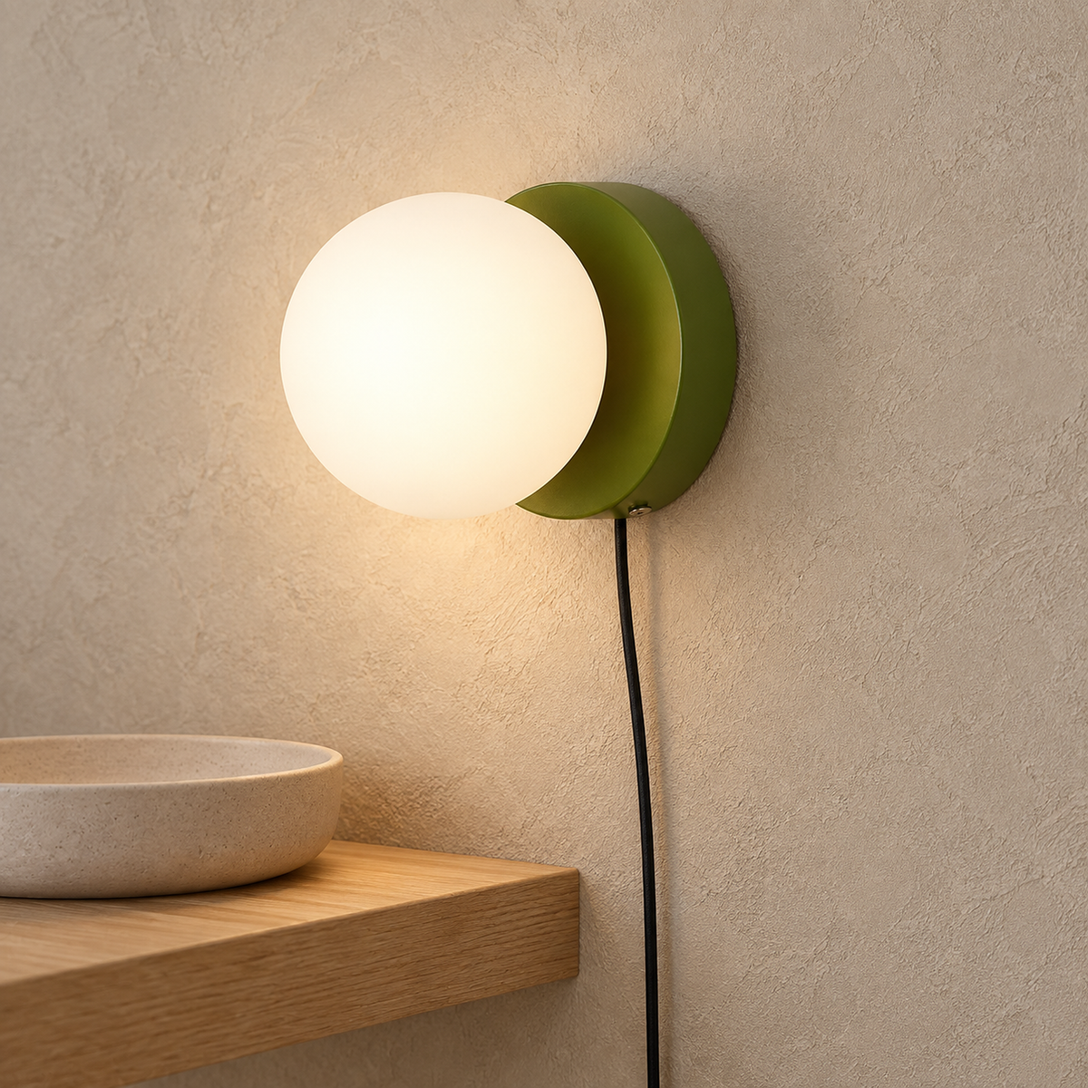 Memilora green wall sconce glowing above a small entryway shelf in daylight