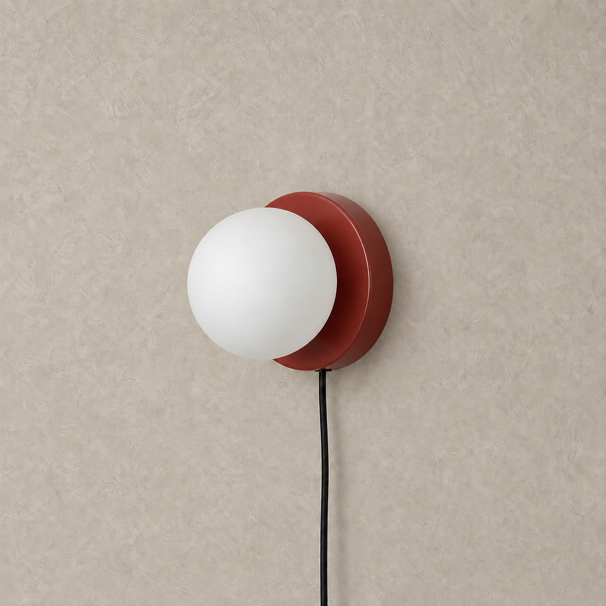 Memilora red wall lamp unlit, white globe on its round red colored disc #color_red