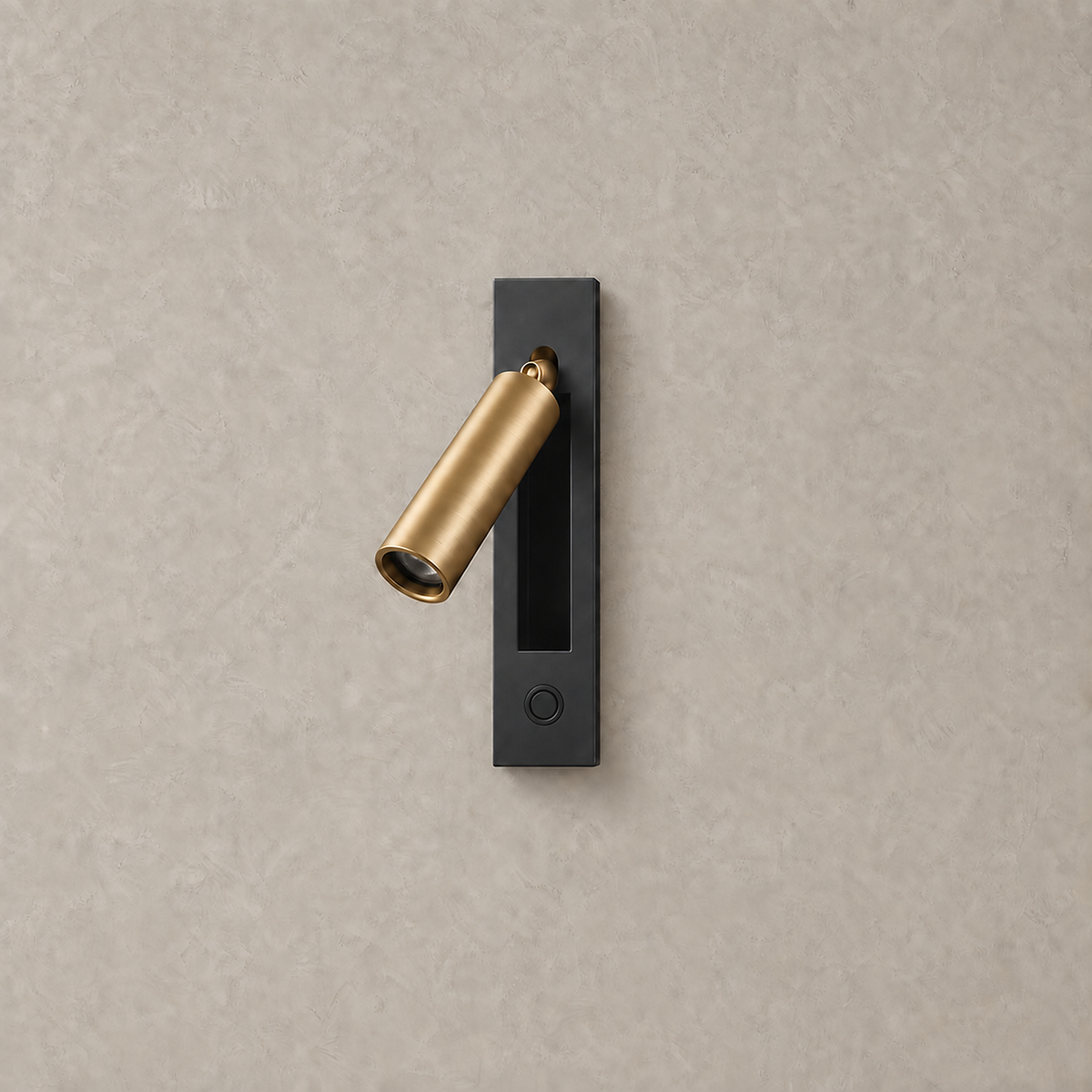Menaliro black and gold LED wall sconce with a round button switch on the plate, unlit on greige plaster #color_black and gold