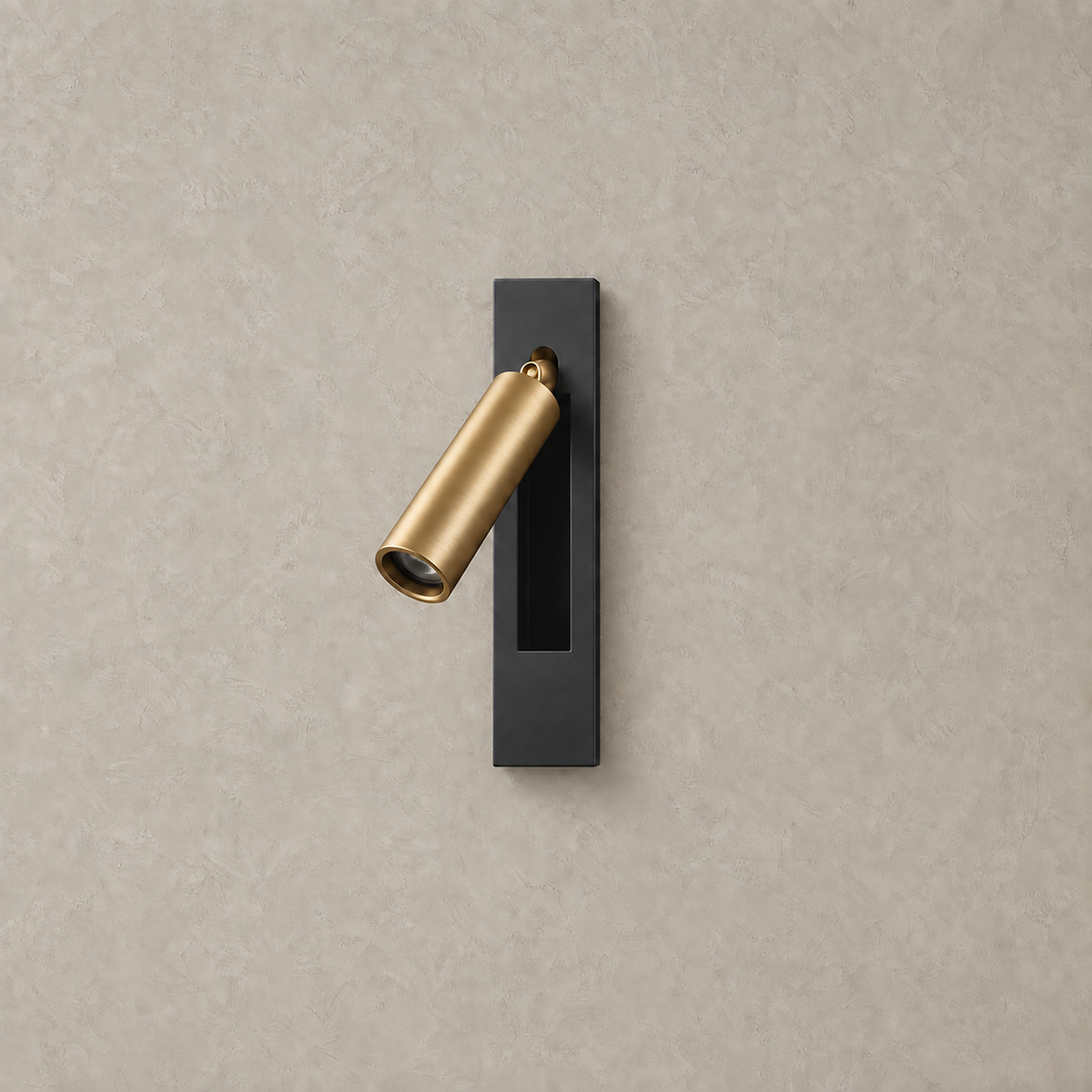 Menaliro black and gold LED wall sconce with unlit head and rectangular base on a plain backdrop #color_black and gold