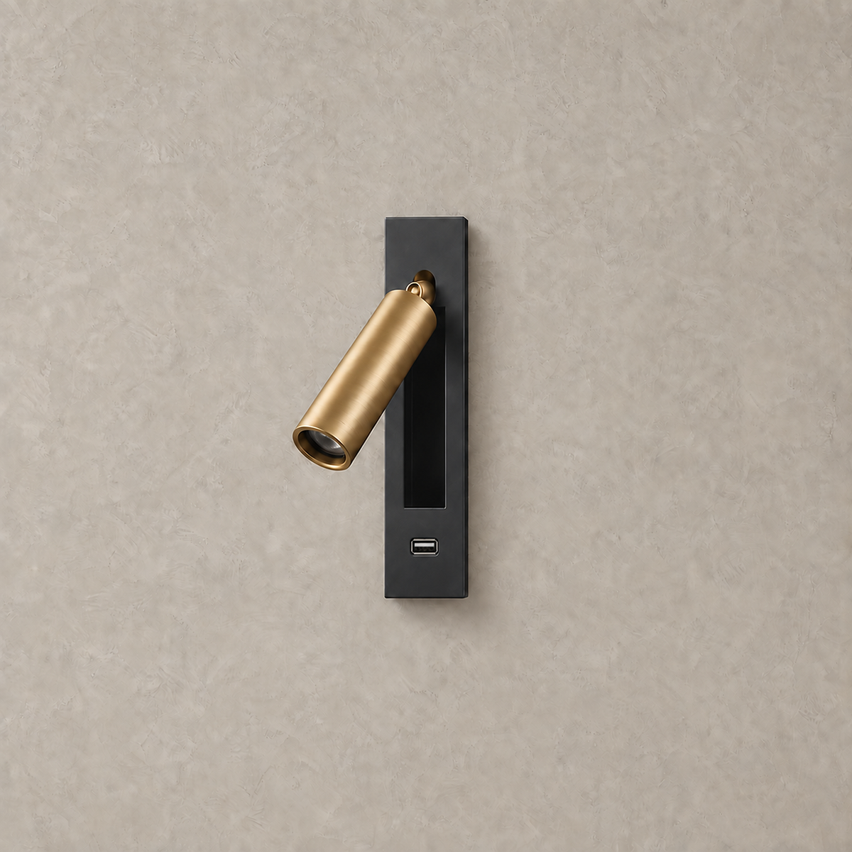 Menaliro black and gold LED wall sconce with a USB port in the plate, unlit on greige plaster #color_black and gold
